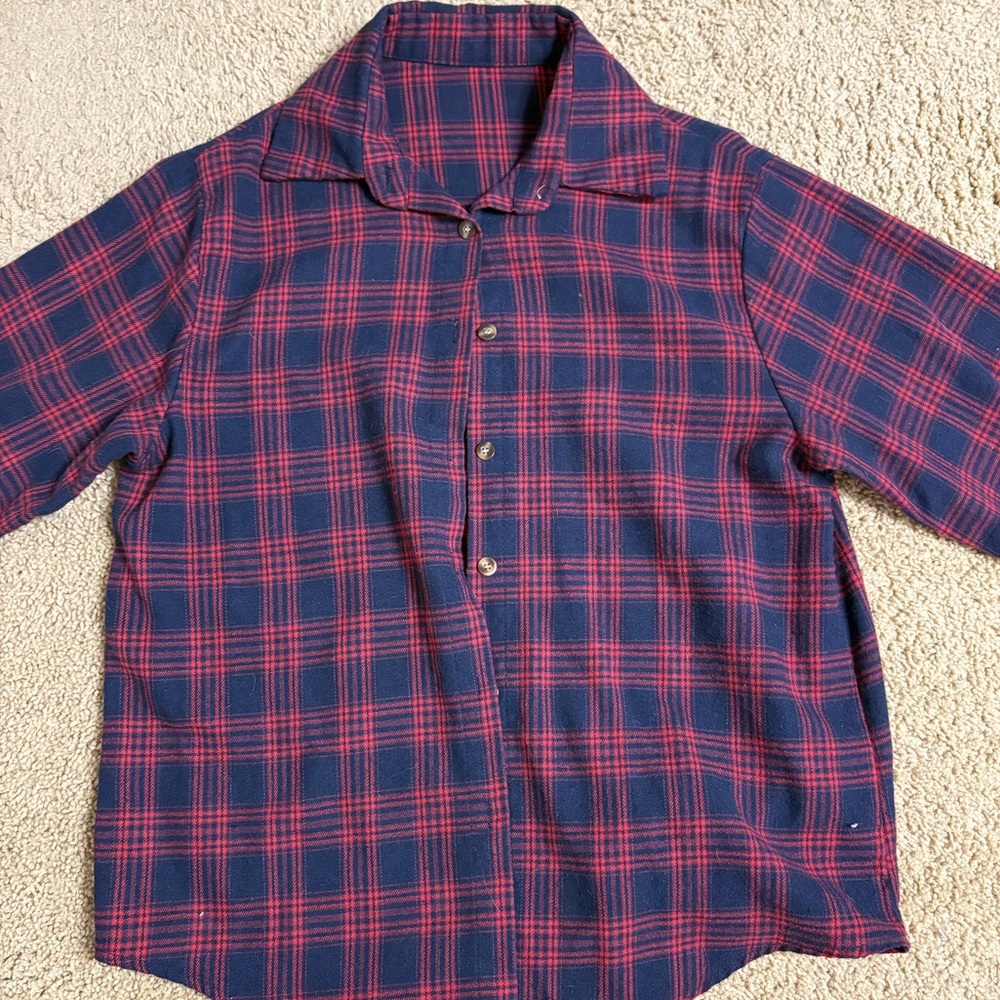 ROMWE Women's Navy and Red Plaid Button Down Shirt